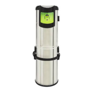 Centrale aspirante Enke CE07 I-VAC 2.0 per aspirapolvere centralizzato, corpo macchina verticale bianco e nero con pannello di controllo.