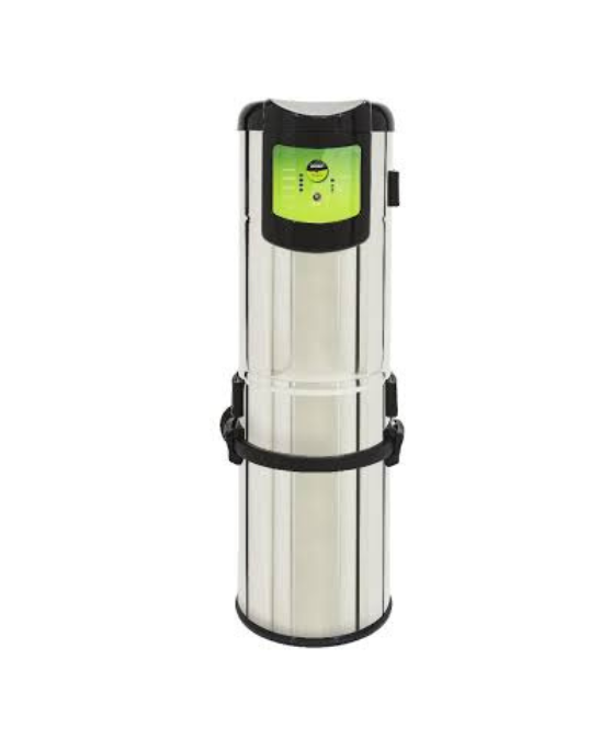 Centrale aspirante Enke CE07 I-VAC 2.0 per aspirapolvere centralizzato, corpo macchina verticale bianco e nero con pannello di controllo.